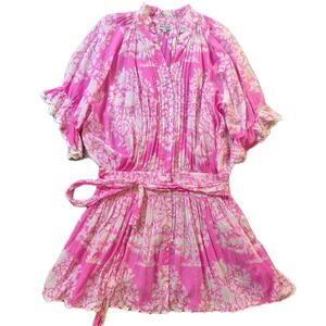 Juliet Dunn Blouson Mini Dress Women 4 US 10 Pink Button Front Embroidery Trim